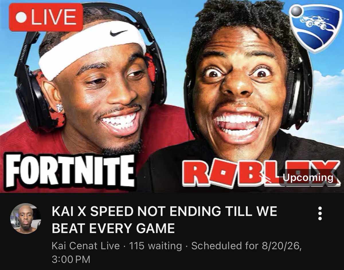 Kaimafiaupdates's tweet photo. Kai Cenat and iShowSpeed cannot end stream until they beat Rocket League, Roblox &amp; Fortnite in their new gaming marathon 👀

Stream starts at 3PM EST. https://t.co/LXrWtwgNx3
