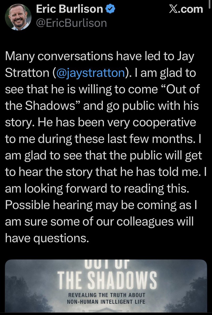 overclassifiedx's tweet photo. 🚨 THE MOST SENIOR UAP OFFICIAL IS FINALLY STEPPING INTO THE LIGHT 

On August 20, 2026, Rep. Eric Burlison publicly confirmed that Jay Stratton, the former Defense Intelligence Agency executive who co-founded AAWSAP and led the UAP Task Force, has been cooperating for months and is ready to go public with his full account.

Stratton’s memoir Out of the Shadows drops October 13. The man who has already stated he personally saw non human craft and non human beings is now putting the 80 year institutional wall on the record.

When the official who sat at the center of the government’s modern NHI investigation starts speaking without the usual filters, what exactly shifts in the next round of hearings?