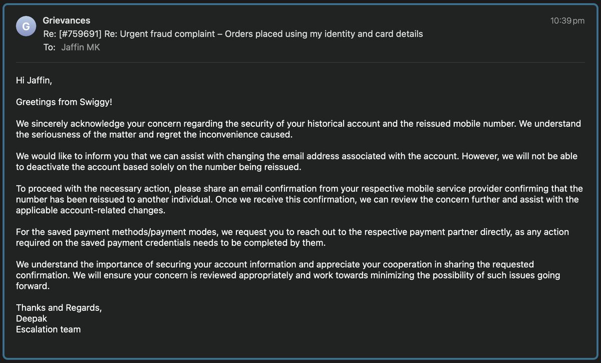 jcxmej's tweet photo. 1/2 @Swiggy @SwiggyCares My old phone number was recycled and gave its new owner access to my years-old Swiggy/Toing account, including my profile and a saved card which they tried to charge.

This is a serious account-security failure, not a telecom support issue. #759691 https://t.co/EJhH53Nr3B