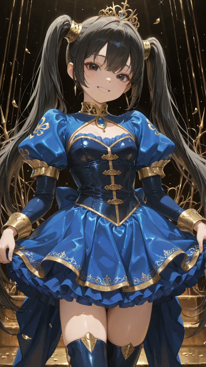 AliceLavli's tweet photo. 蒼の女王の衣装プロンプトをどうぞ✨
royal-blue and metallic-gold stage mini dress, fitted royal-blue satin bodice, high smooth metallic-gold standing collar, round neckline, short layered puff sleeves made of overlapping royal-blue satin petals, metallic-gold embroidered edging around every sleeve layer, wide metallic-gold sleeve cuffs, symmetrical ornate gold leaf appliqués across both shoulders and upper chest, two broad vertical antique-gold embroidered bands extending from the shoulders to the waist, sharply fitted natural waist, wide smooth metallic-gold waistband, extremely short full layered skirt, rigid metallic-gold circular peplum with wide sculptural waves and glittering textured surface, multiple layers of royal-blue gathered tulle beneath the gold peplum, narrow vertical metallic-gold inserts between the blue tulle panels, black-gold wire-edged mesh trim around the lower hem, strict royal-blue bodice and tulle, metallic-gold collar, embroidery, waistband and peplum, exact symmetrical color placement, structured theatrical silhouette