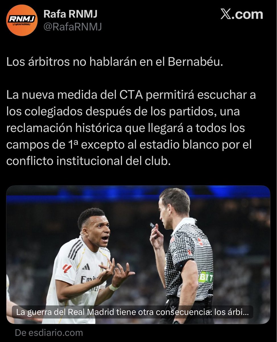 CuleDeChamberi's tweet photo. Que gentuza.
Los árbitros no van a poder hacer declaraciones porque el Madrid no permite ni las previas ni los posts en su estadio.
Pero dice que es por un “conflicto institucional”. https://t.co/20fRSRwv26