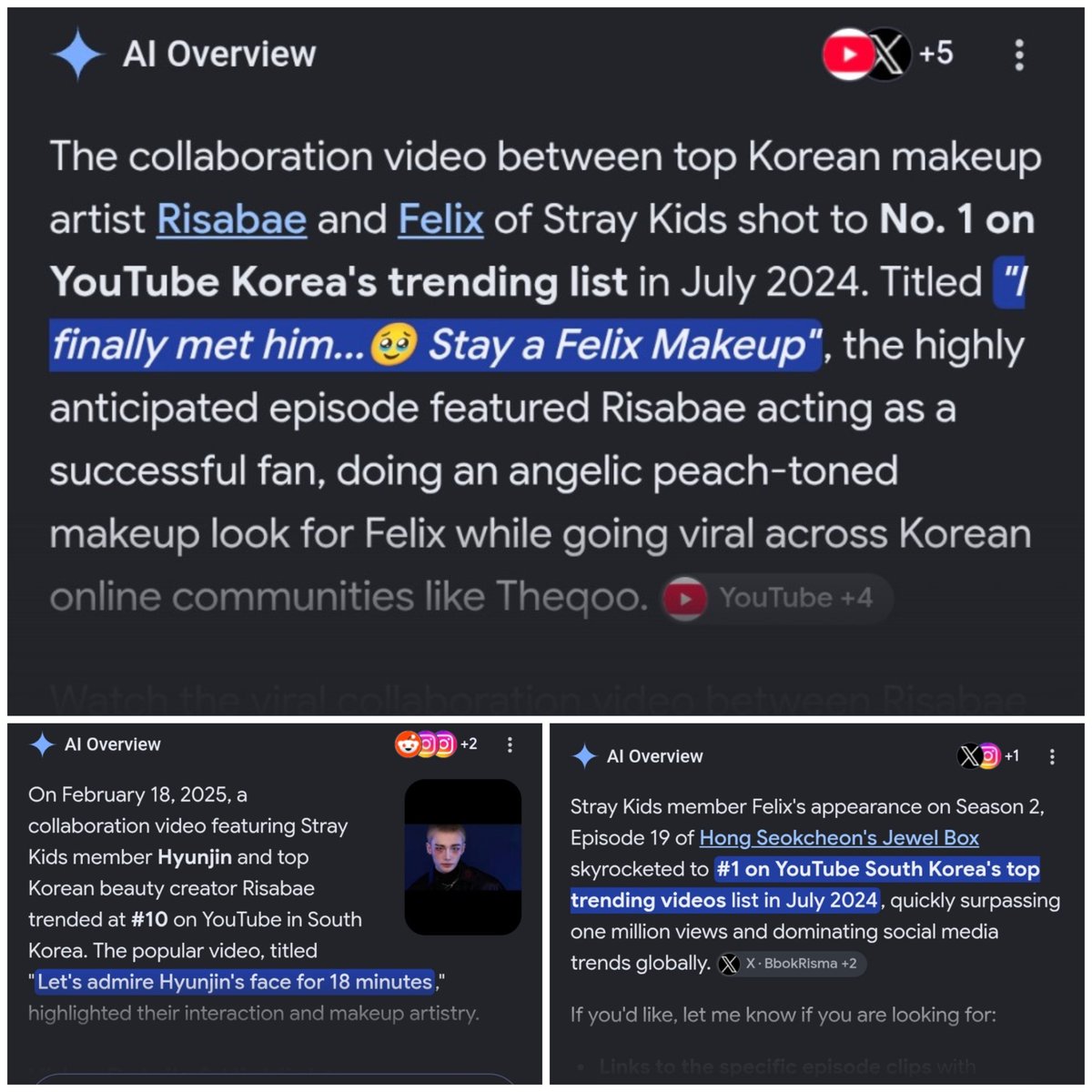 ynn3v's tweet photo. One thing about hwangers is that they will brag about botted views as if we don't remember, like rn his fancam are flopping so bad without bots

Yt korea trendy: 

Risabae:
Felix: #2 entry #1 peak
Chin: #10 entry, #9 peak

Jewel box: 
Felix: #1 entry #1 peak 
Chin: #out #noentry https://t.co/FOWYf5bHfB