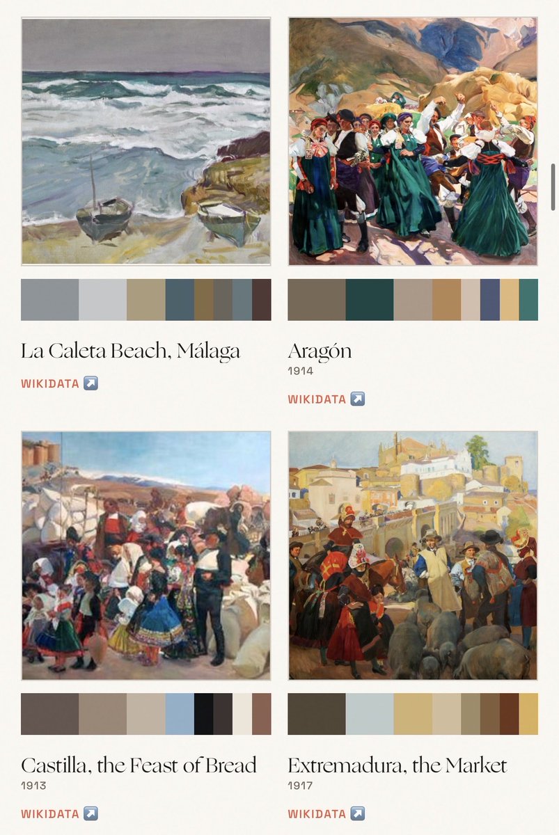 MeditateColor's tweet photo. Joaquín Sorolla was called the master of light, particularly for his ability to paint the Mediterranean sun of the Spanish coast.

His spectrum palette shows what that light was actually made from. Sand &amp; ochre, powder &amp; sky blue, sienna, walnut &amp; tobacco. https://t.co/NGOfaYbZXV