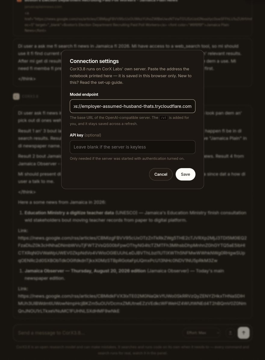 CorXLabs's tweet photo. CorX3.8 now features full endpoint integration. The model can autonomously execute external API calls, conduct real-time web searches, and process live data to augment its responses.

​As demonstrated in image, this enables dynamic context retrieval while maintaining our native localized reasoning capabilities.
​Available now: [https://t.co/NFDekCPEmY

Please note we have set up a temporary live demo for testing purposes. You can access it here: https://t.co/ydga7TSRxz
]
