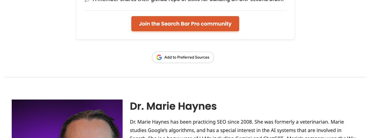 Marie_Haynes's tweet photo. If you are having trouble making the div & script Google gave us for Preferred sources centered, and without having an ugly box around it, this code snippet worked for me:

<style>
  /* Remove background, border, and shadow from Google's widget container & iframe */
  div[google-add-preferred-source-btn],
  div[google-add-preferred-source-btn] *,
  div[google-add-preferred-source-btn] iframe {
    background: transparent !important;
    background-color: transparent !important;
    box-shadow: none !important;
    border: none !important;
  }
</style>

<div style="width: 250px; margin: 0 auto; background: transparent !important; box-shadow: none !important;">
  <div google-add-preferred-source-btn></div>
</div>