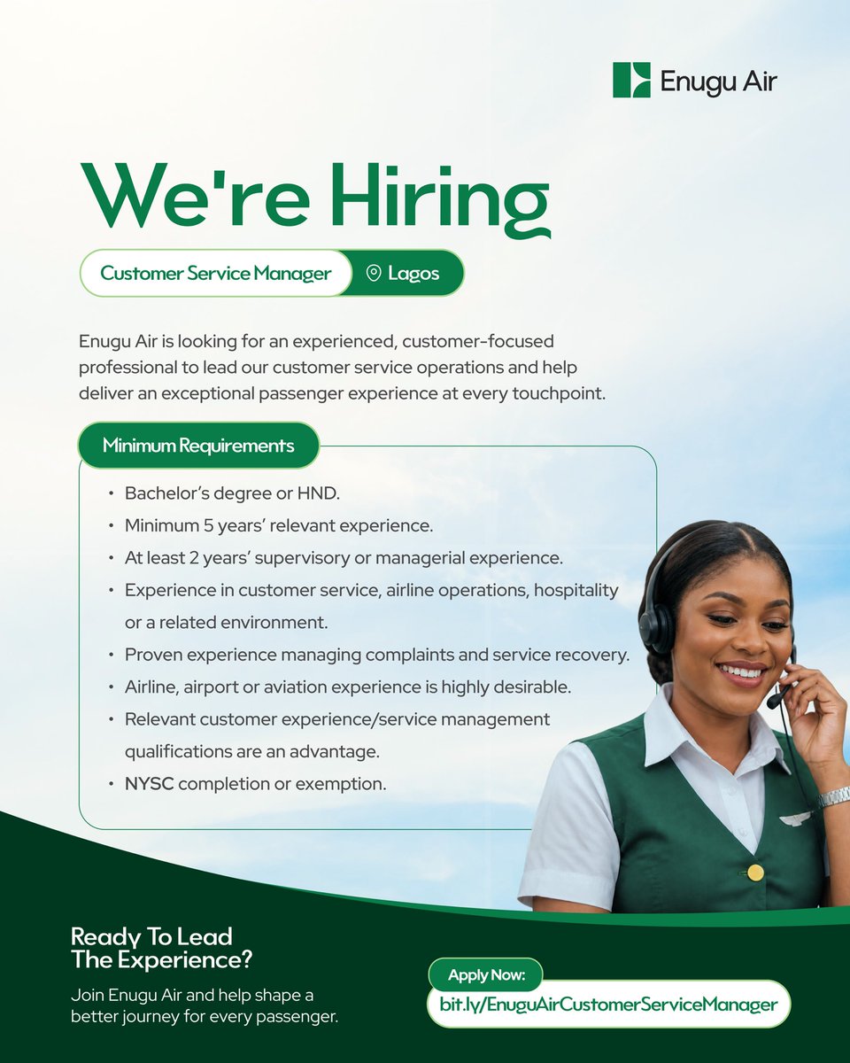 EnuguAirlines's tweet photo. WE’RE HIRING ✈️

Enugu Air is growing, and we’re looking for talented, dedicated professionals to join our team across a range of roles and locations.

If you’re passionate about aviation, customer service, safety, and delivering excellent experiences, there could be a place for you on our team.

Explore the available roles and apply today.

Locations vary by role.
Apply via: https://t.co/ym0A188GII