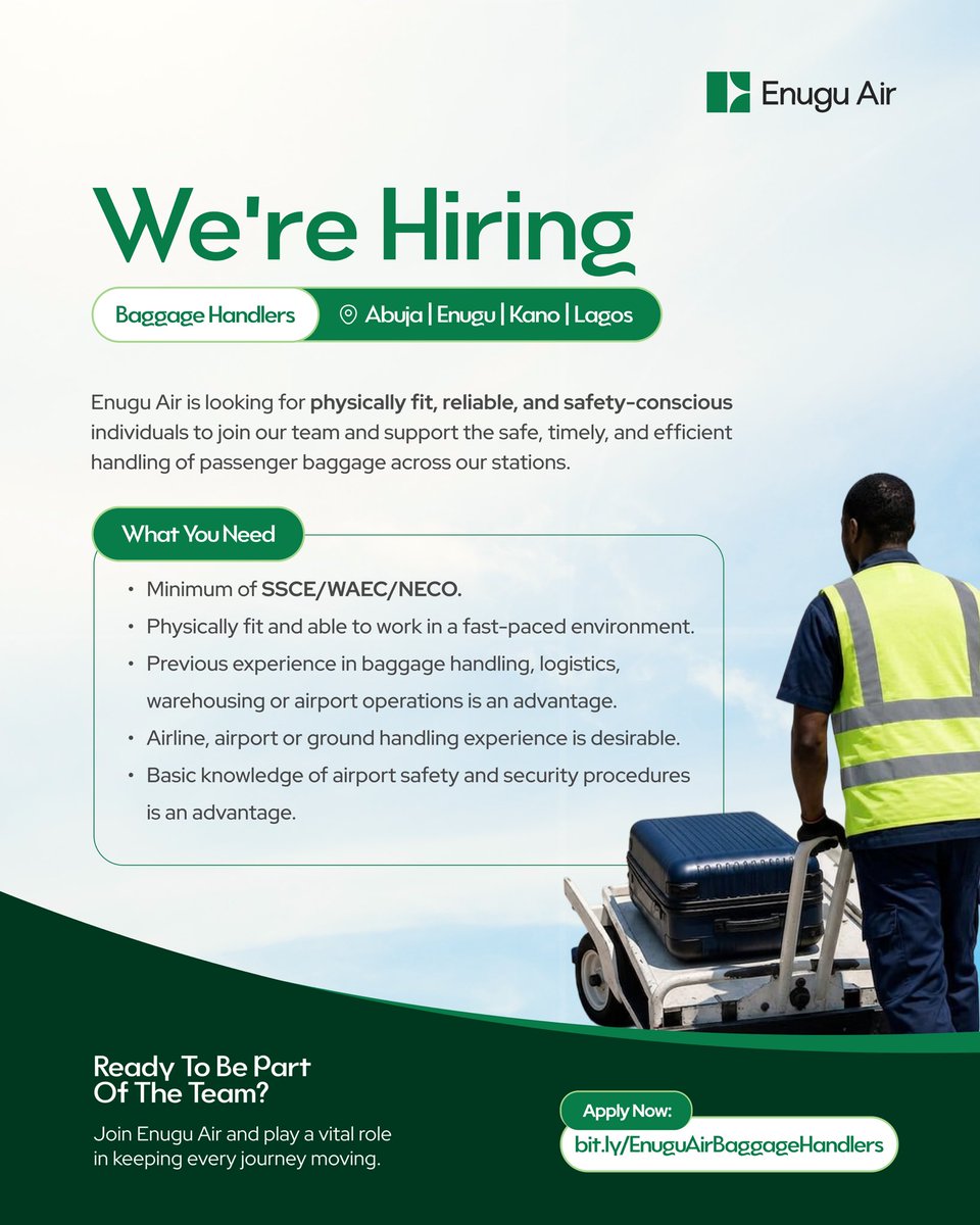 EnuguAirlines's tweet photo. WE’RE HIRING ✈️

Enugu Air is growing, and we’re looking for talented, dedicated professionals to join our team across a range of roles and locations.

If you’re passionate about aviation, customer service, safety, and delivering excellent experiences, there could be a place for you on our team.

Explore the available roles and apply today.

Locations vary by role.
Apply via: https://t.co/ym0A188GII