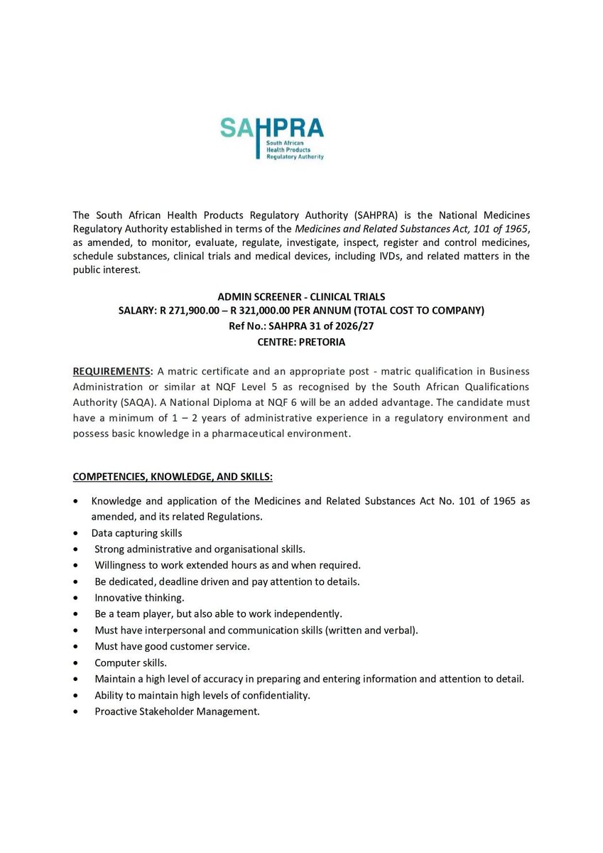 CarolBoitumelo1's tweet photo. SAHPRA is hiring a Admin Screener.

Closing Date 03 September 2026
Apply here at https://t.co/bzEgJM9EOw https://t.co/atGzZQIEoM