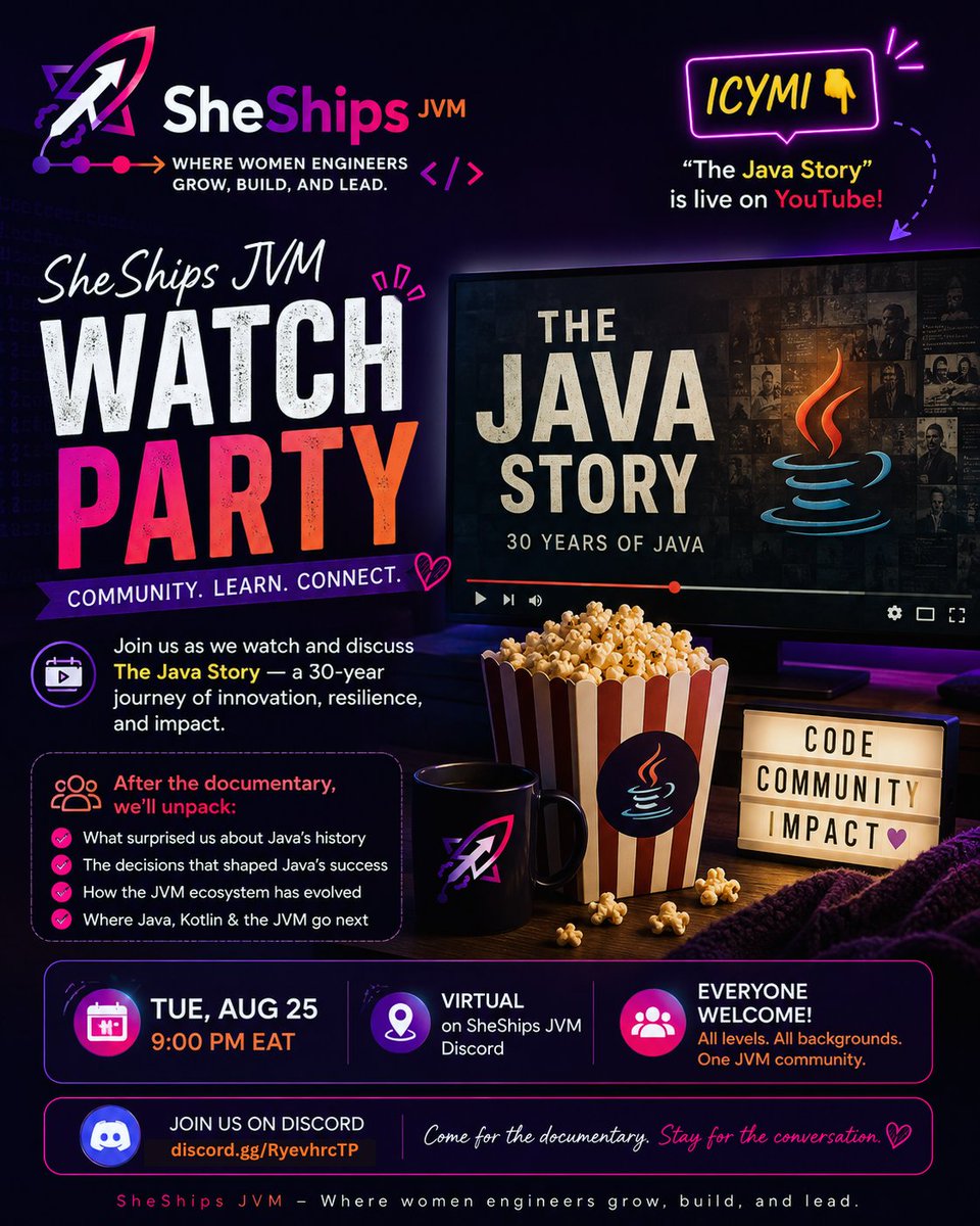 SheShips_JVM's tweet photo. SheShips JVM Watch Party: The Java Story

We’re getting together virtually to watch The Java Story looking back at Java's journey from humble beginnings to becoming one of the world's most influential software platforms

come watch with us!

#Java #Java30 #JVM #JavaCommunity https://t.co/g9nfZiwldd