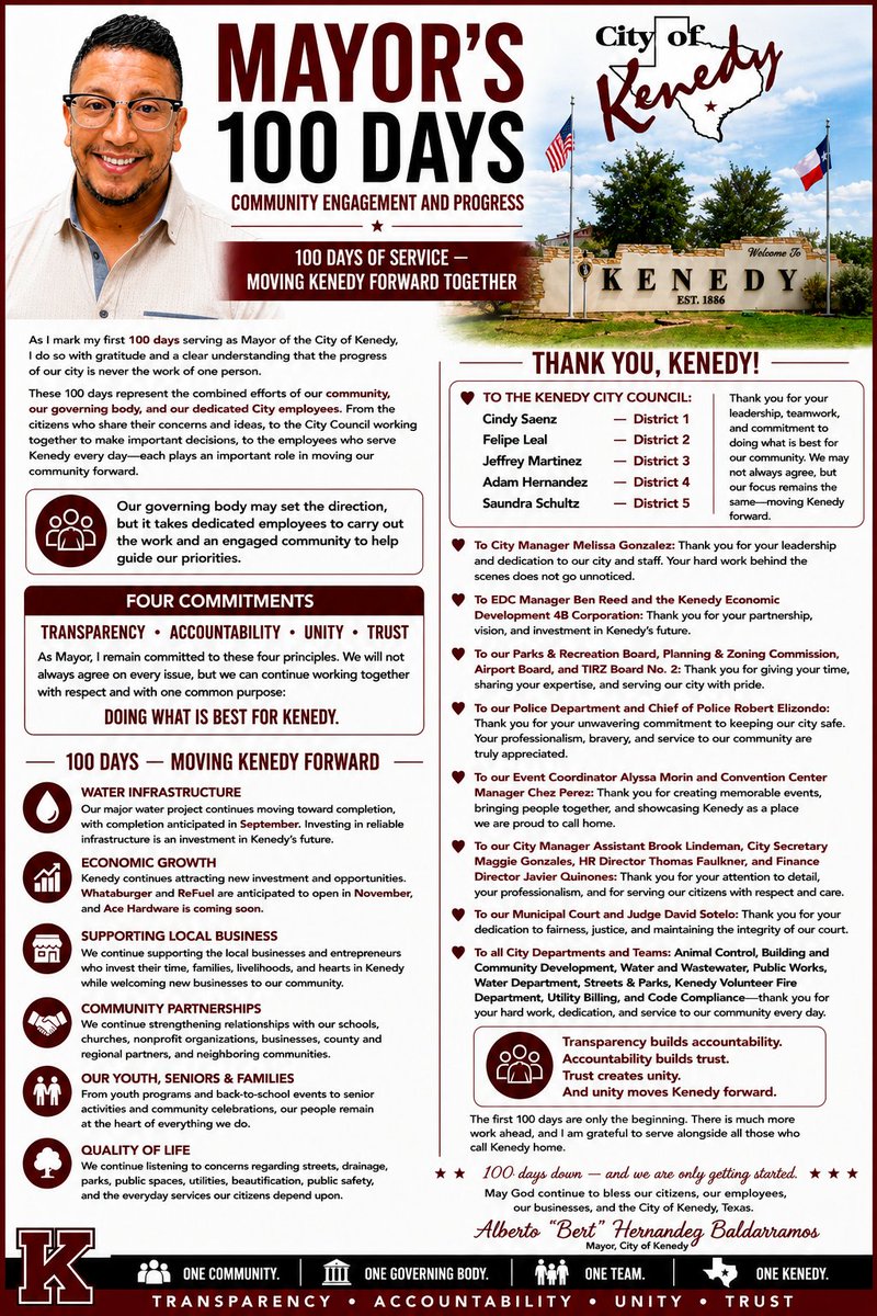 bertdistrict1's tweet photo. 100 DAYS OF SERVICE — MOVING KENEDY FORWARD TOGETHER! ❤️
Today marks my first 100 days as Mayor of the City of Kenedy. This milestone belongs to our citizens, City Council, City employees, businesses, and community partners who work every day to move Kenedy forward. https://t.co/5X2414YfVw