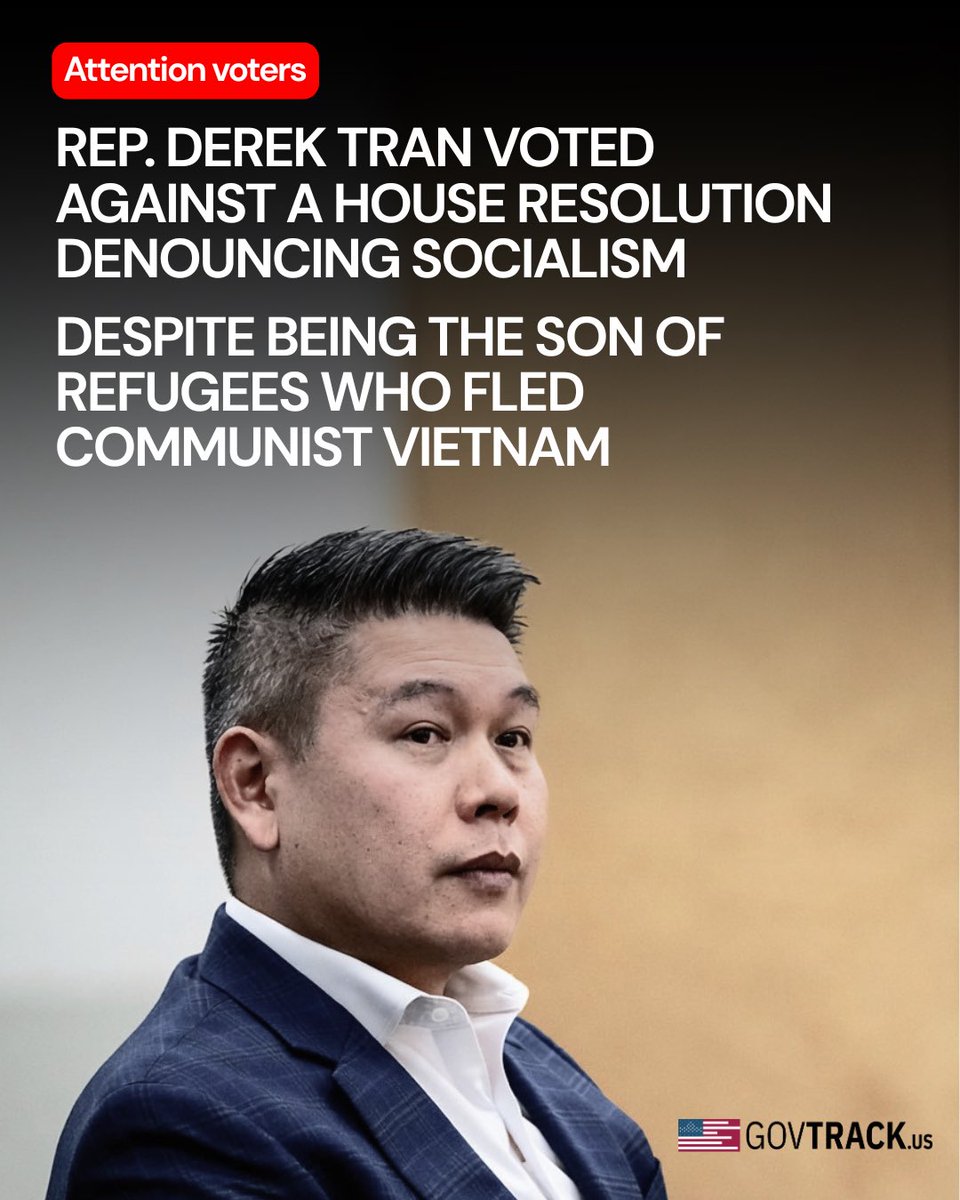 ChuongVoCA's tweet photo. With all the buzz around socialism across the nation, it could not be closer to us than in our own backyard.

Back in November, my opponent Derek Tran voted AGAINST a house resolution condemning the horrors of socialism, including the tens of millions tortured in prison camps and starved under socialist regimes. 

Derek Tran represents a destructive ideology. We need him out.