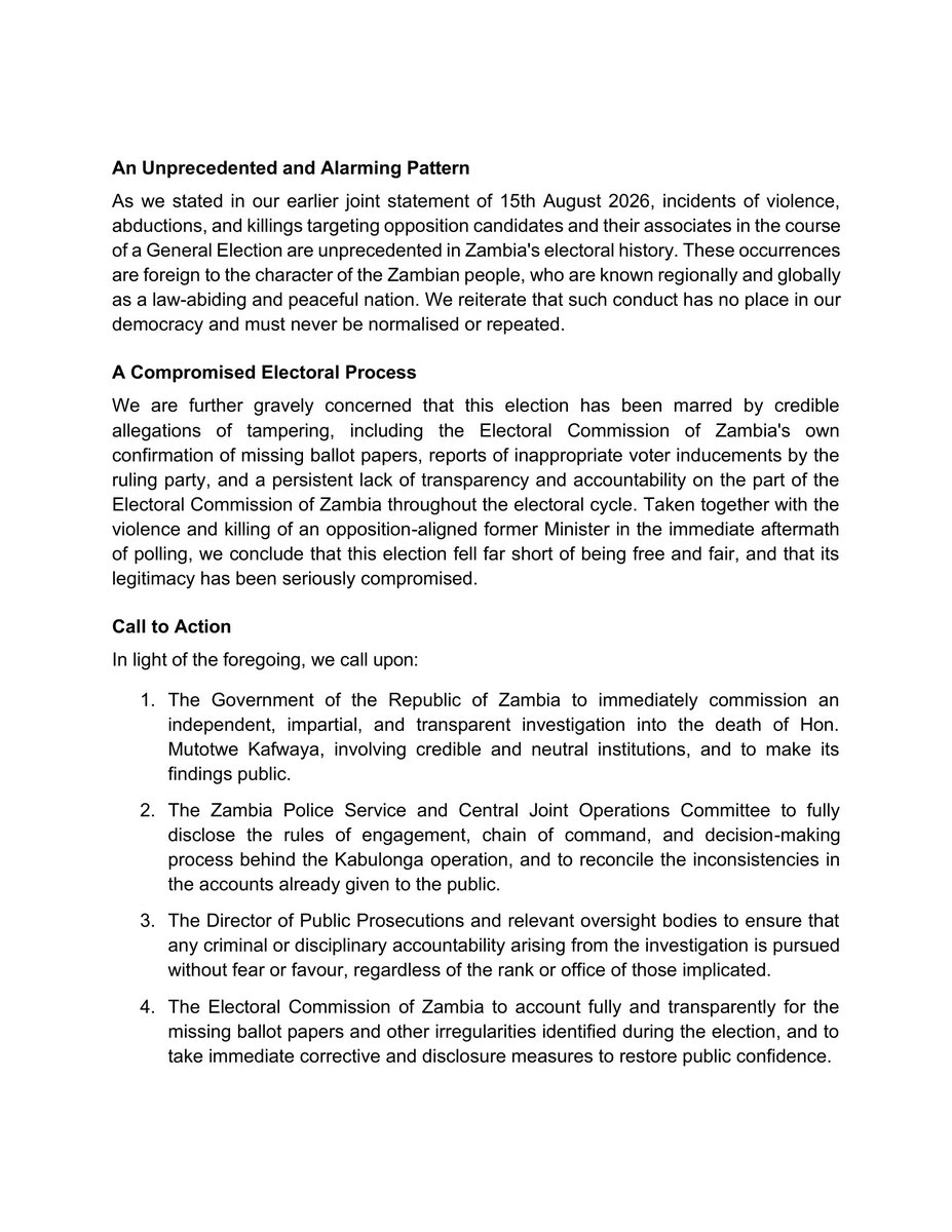 LindaKasonde's tweet photo. Joint CSO Statement on the killing of former Minister Mutotwe Kafwaya and calling for a full investigation 

Issued by:

Advocates for Democratic Governance Foundation, @ActionAidZambia , Alliance for Community Action, @FreedomLck LCK Freedom Foundation, Caritas Zambia, @CofZambia , Jesuit Centre for Theological Reflection, PANOS Zambia, @ti_zambia , NGOCC, Zambia Free Press Initiative