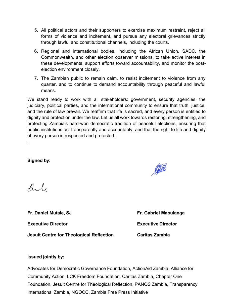 LindaKasonde's tweet photo. Joint CSO Statement on the killing of former Minister Mutotwe Kafwaya and calling for a full investigation 

Issued by:

Advocates for Democratic Governance Foundation, @ActionAidZambia , Alliance for Community Action, @FreedomLck LCK Freedom Foundation, Caritas Zambia, @CofZambia , Jesuit Centre for Theological Reflection, PANOS Zambia, @ti_zambia , NGOCC, Zambia Free Press Initiative