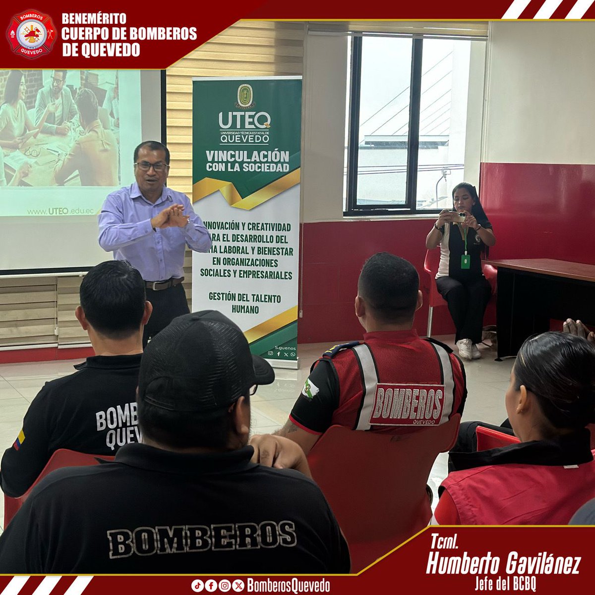 Bomberos_Queve's tweet photo. 🎓🤝 Culminamos con éxito la Vinculación con la Sociedad junto a estudiantes de la @uteqoficial, de la carrera de Gestión del Talento Humano.
La actividad abordó la innovación y creatividad para fortalecer el clima laboral y el bienestar institucional. 🚒🔥
#BomberosQuevedo #UTEQ https://t.co/mZidiK0gIO