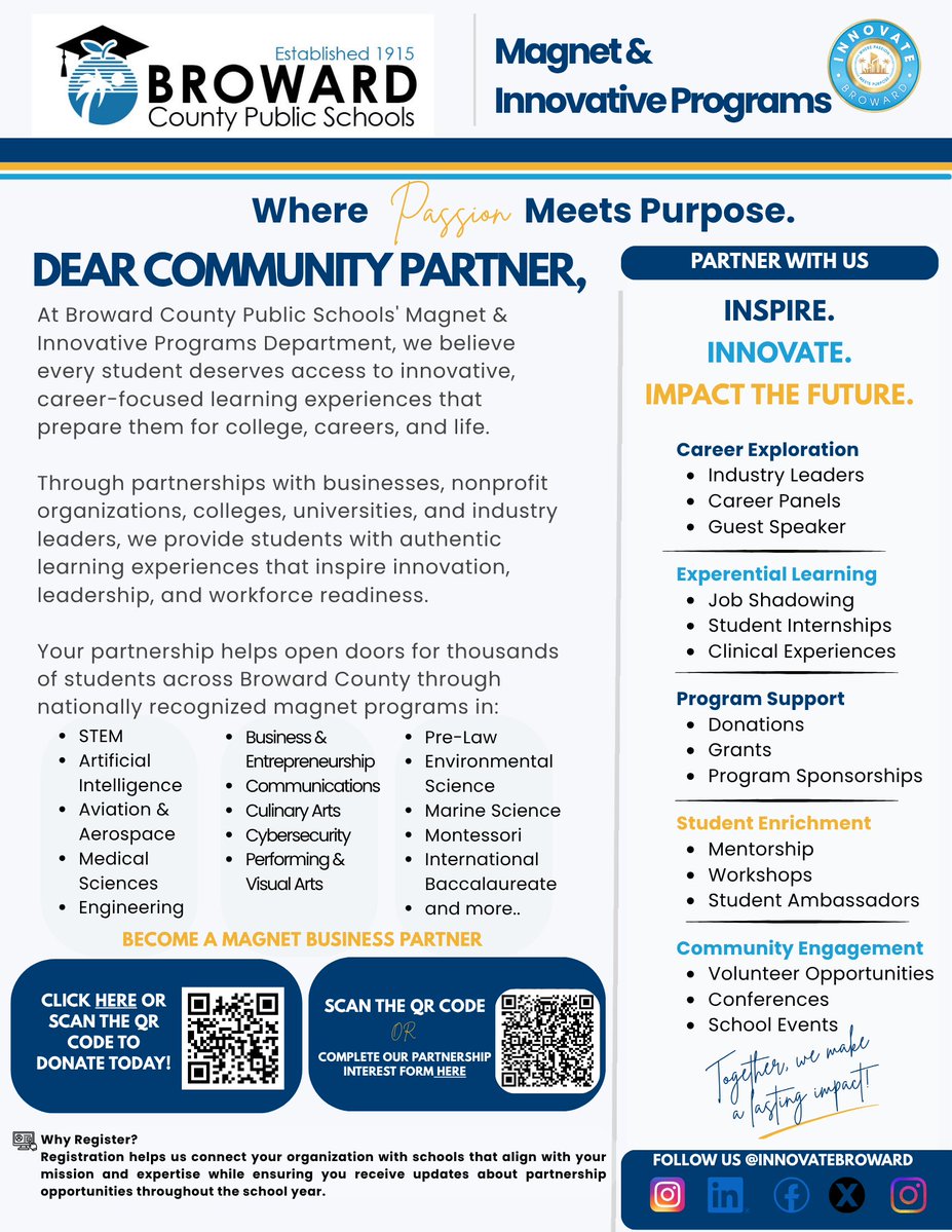 InnovateBroward's tweet photo. Your partnership can help shape what’s next. 🤝

Businesses, organizations & community partners can make an impact through mentorships, career experiences, sponsorships, donations & more.

Together, let’s Inspire, Innovate & Impact the Future. Visit us at: https://t.co/AHa2bz4mq3

#BCPS #MagnetPrograms #Partnerships @DrKFried