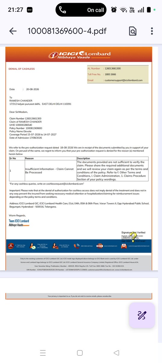 pallavi_0595's tweet photo. @ICICILombard This is why they do! Even after talking on call and email. Providing all the documents they asked for and in the format they asked for my claim got denied! I'm still being told that the documents are not sufficient. This is harassment. 
@ICICILombard @irdaindia https://t.co/RTeG8kFTqg
