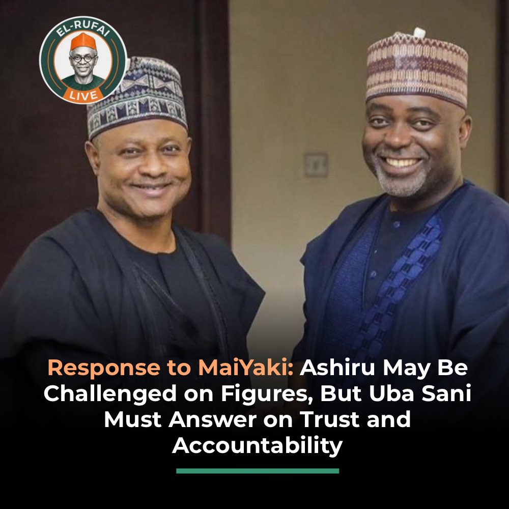 ElRufai_Live's tweet photo. PART 1: RESPONSE TO MAIYAKI | ASHIRU MAY BE CHALLENGED ON FIGURES, BUT UBA SANI MUST ANSWER ON TRUST AND ACCOUNTABILITY - @ElrufaiBoys 

It is easy for political spokespersons to hide behind percentages, policy jargon and carefully crafted press statements. Malam Ahmed Maiyaki’s recent response to Rt. Hon. Isa Mohammed Ashiru may have challenged some figures on education funding, but it misses the larger issue confronting Kaduna’s education sector.

The debate was never simply about whether Kaduna allocates 15%, 20% or 25% of its budget to education. The real question is what those allocations are producing on the ground. Budgetary figures on paper do not automatically translate into functional classrooms, laboratories, motivated lecturers or quality learning outcomes.

This is particularly important when discussing Kaduna State University (KASU). If reports of professors and academic staff leaving because of deteriorating working conditions are accurate, the government should address the substance of those concerns rather than challenge critics to publish names.

Transparency means opening the books, explaining the challenges and showing Nigerians what is being done to fix them. Citizens should not be expected to do the government’s investigative work before legitimate concerns can receive answers.