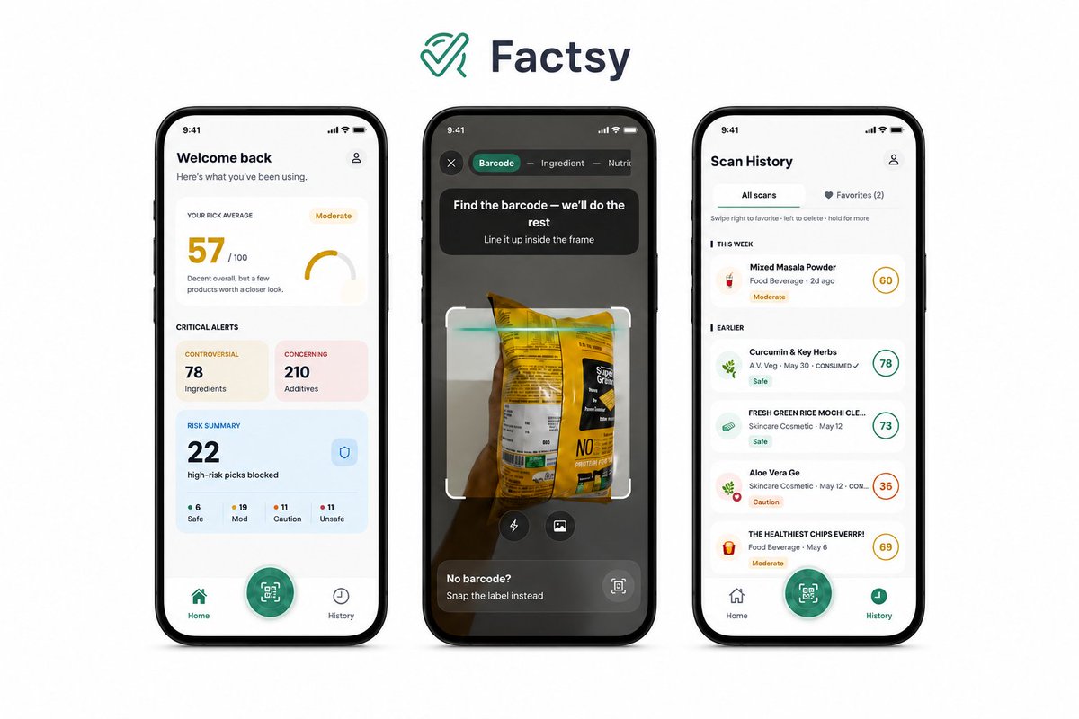 vedansh_gupta's tweet photo. I built @FactsyApp because I got tired of googling "is dimethicone safe" and getting 10,000 contradictory answers.

Scan any product - food, skincare, supplements, cleaning, pet food - and get one clear answer in 3 seconds. https://t.co/83zCtjX2AM