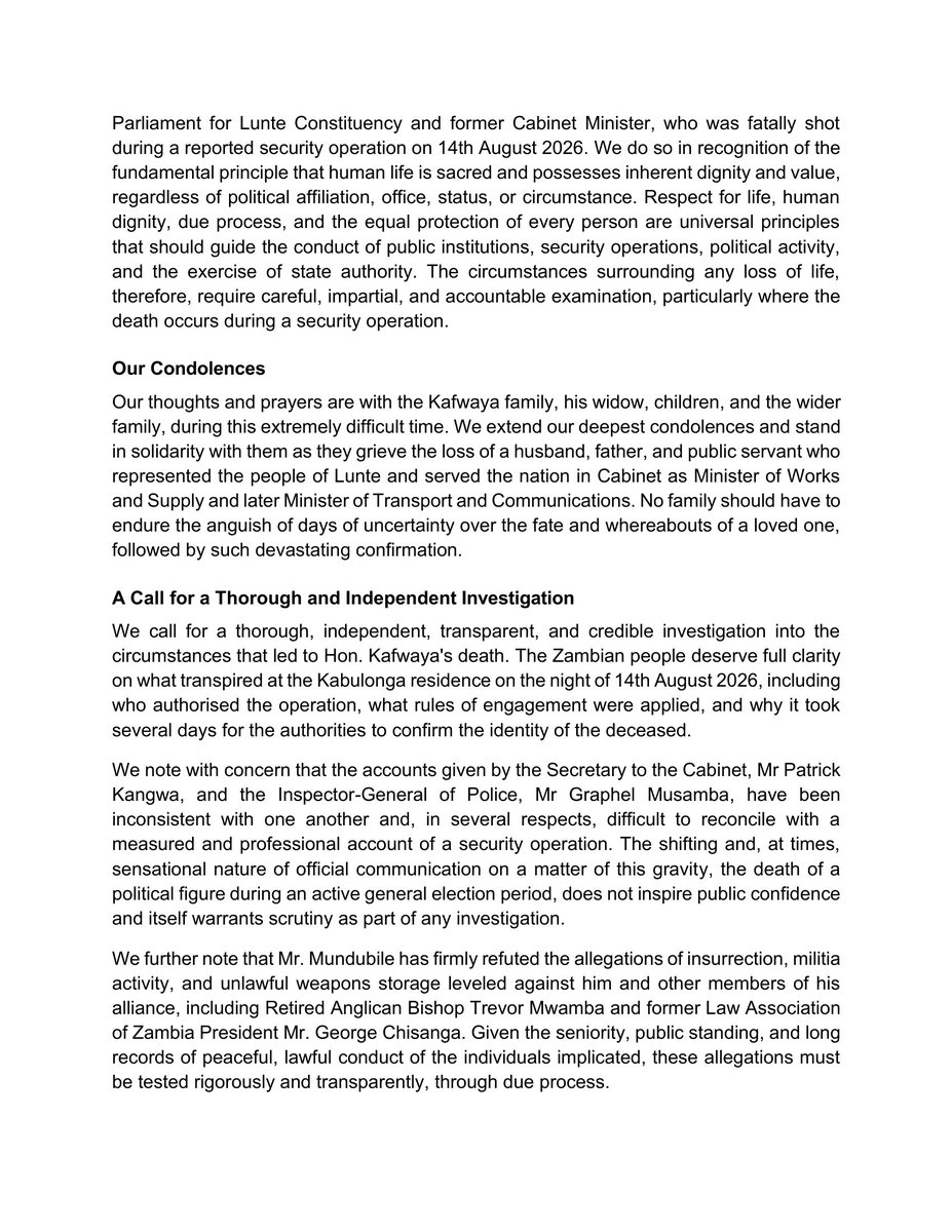 LindaKasonde's tweet photo. Joint CSO Statement on the killing of former Minister Mutotwe Kafwaya and calling for a full investigation 

Issued by:

Advocates for Democratic Governance Foundation, @ActionAidZambia , Alliance for Community Action, @FreedomLck LCK Freedom Foundation, Caritas Zambia, @CofZambia , Jesuit Centre for Theological Reflection, PANOS Zambia, @ti_zambia , NGOCC, Zambia Free Press Initiative