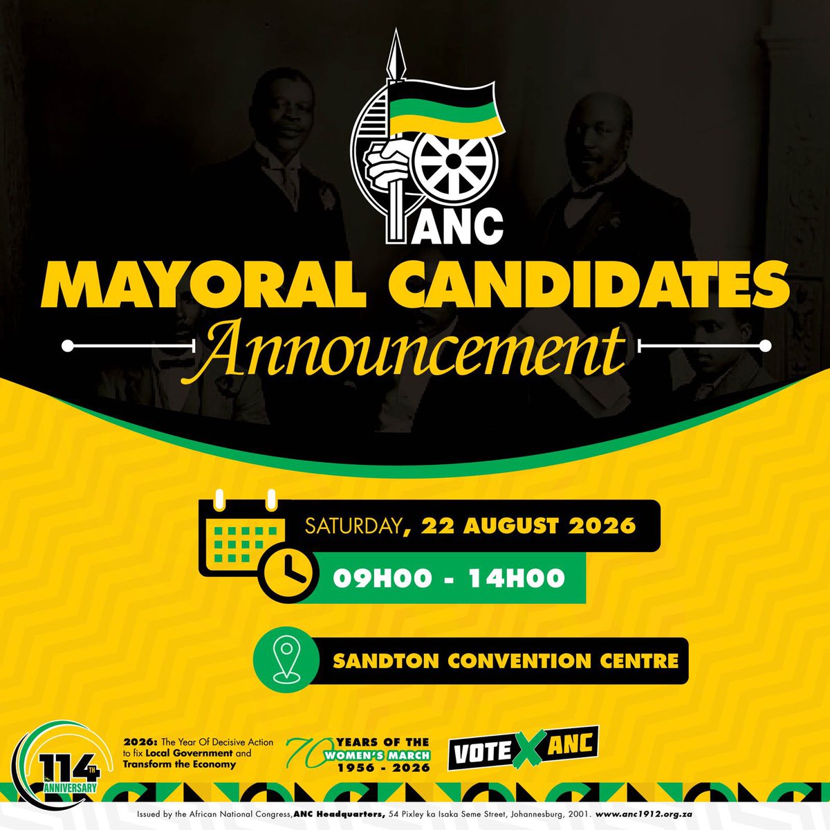 MYANC's tweet photo. The ANC will this Saturday announce its mayoral candidates for the 2026 Local Government Elections, following a rigorous process to identify capable, ethical and accountable leaders who will put the people first and get local government working.

🕘 09h00 – 14h00
📍 Sandton Convention Centre

#ANCMayihlomeRally
#ANCManifesto2026
#VoteANC2026