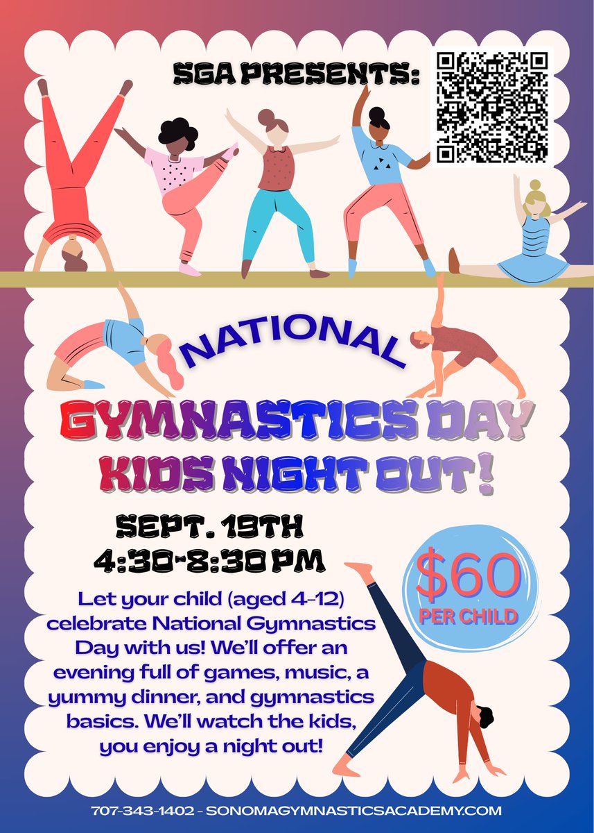 FlipsFitnessFun's tweet photo. On 9/19 we'll hold a party for National Gymnastics Day! Drop your kids off from  4:30-8:30 PM, and we'll have tons of fun.
It costs $60 per child!

Call 707-343-1402 to enroll OR use the link:
https://t.co/nbJuPF8std

#sonoma #sonomacounty #party #gymnastics #event #gym #fitness https://t.co/gDkWIISdvP
