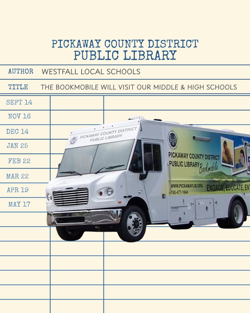 westfallwms's tweet photo. The Bookmobile is coming to Westfall Middle &amp; High School! Starting Sept 14, they will visit once a month on Mondays for all students on campus. Sept 14, Nov 16, Dec 14, Jan 25, Feb 22, Mar 22, Apr 19 &amp; May 17. Bring your library card or sign up here: https://t.co/vMZpBupXQ9. https://t.co/ujaFDUUNui