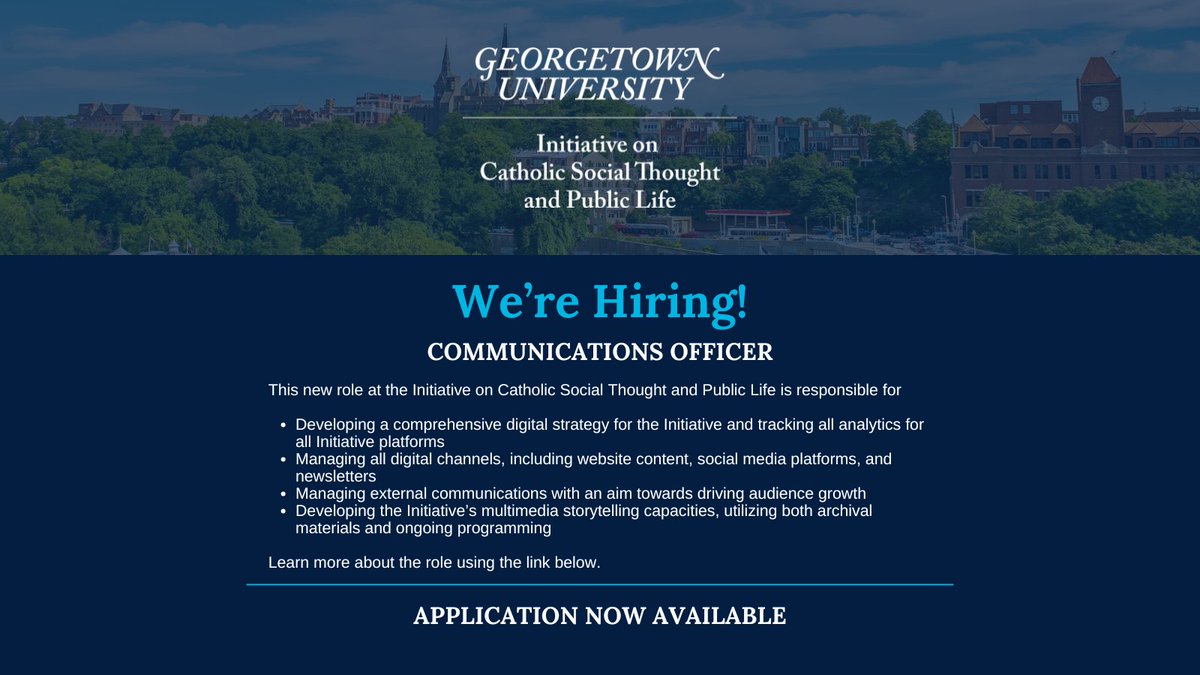 GUcstpubliclife's tweet photo. Our next Communications Officer will manage our digital media library, curate our media bulletin for Catholic stakeholders, and write the newsletter that keeps our community informed. It's detailed work in service of a bigger mission: helping Catholic social thought shape public life.

Sound like you? Apply 👉 https://t.co/4Xi5ILU7mm