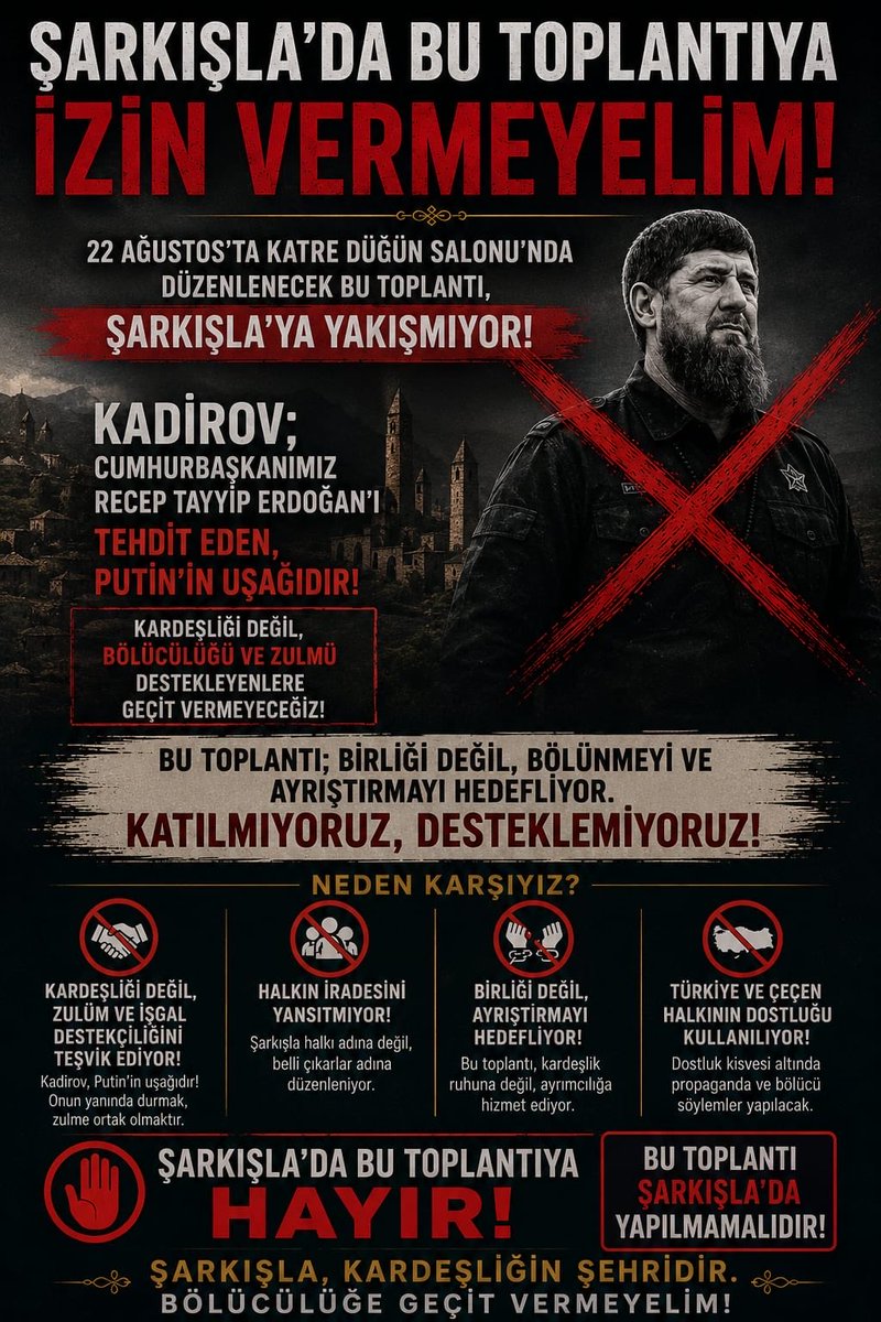 CecenArsiv's tweet photo. Türkiye’yi tehdit eden Rus kuklası Ramazan Kadirov’un 22 Ağustos’ta Şarkışla’da düzenlettireceği toplantıya izin vermeyelim!

Sivastaki yetkililere çağrımızdır.
@sivasvaliligi @sarkislakymkmlk https://t.co/NcpcpQheMp