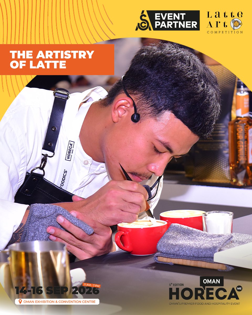 Horecaoman's tweet photo. Where every cup holds a masterpiece!

The Latte Art Competition brings together talented baristas to showcase their creativity, precision, and technical skills, transforming every pour into a work of art.

To participate in the competitions, head to the link in the bio.

📍 Oman Convention & Exhibition Centre
📅 14–16 September
11 am – 7 pm

#HORECAOman #latteartCompetition #CoffeeCulture #SpecialtyCoffee #CoffeeLovers #Hospitality #OmanEvents
#iloveHoreca #horecabtejma3na
@AlNimrOman @Alpro @victoriaarduino