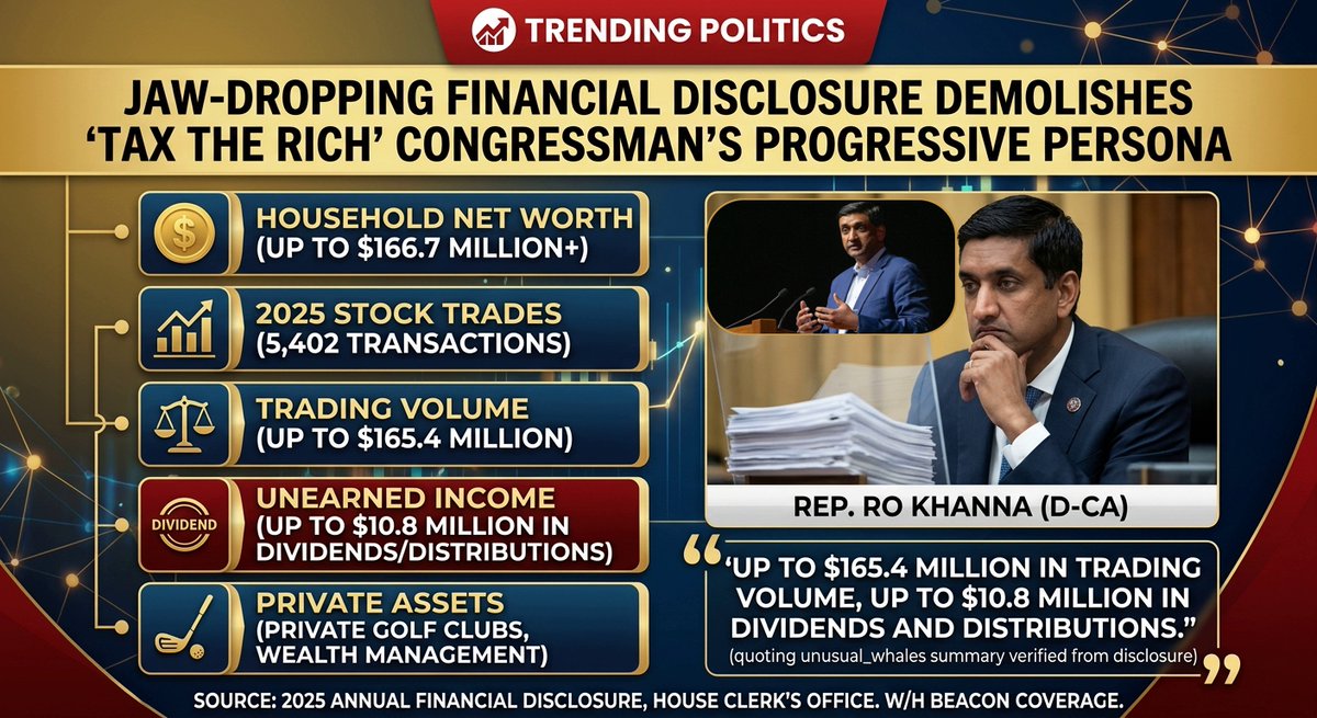 DiamondandSilk's tweet photo. Is "Tax the Rich" just a slogan? Rep. Ro Khanna's 2025 financial disclosure just revealed a jaw-dropping household net worth of up to $166.7M+ and over 5,400 stock trades! All while publicly pushing for a wealth tax and restrictions on congressional trading. 

#RoKhanna #TaxTheRich #Congress #FinancialDisclosure