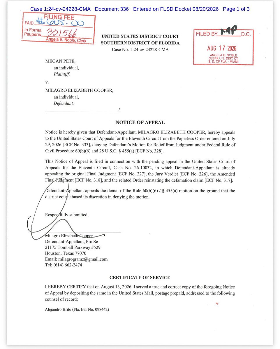 ComeWithFacts's tweet photo. 🚨 Pete v. Cooper Update:

Milagro has formally filed a Notice of Appeal from Judge Cecilia Altonaga’s paperless denial of her Rule 60(b)(6) motion raising an appearance of partiality issue under 28 U.S.C. § 455(a).

That motion argued that an objective observer could reasonably question the appearance of impartiality based on Judge Altonaga’s husband’s prominent position at Holland & Knight, a firm with longstanding ties to Roc Nation and Megan Thee Stallion related matters. Holland & Knight currently represents Desiree Perez in the Hadley litigation in the same district, previously represented Megan in litigation involving 1501, and is now representing Megan and her companies in the Emilio Garcia case.

Milagro is asking the Eleventh Circuit to review whether the district court abused its discretion in denying that Rule 60 motion.

This is separate from Milagro’s main appeal, which is already pending and challenges the original judgment, jury verdict, amended judgment and the order reinstating the defamation claim.

So she now has the underlying judgment appeal moving forward while separately seeking appellate review of the Rule 60 and § 455(a) issue. If successful, that separate appeal could potentially provide an additional avenue for relief even if she does not obtain everything she is seeking through the main appeal.