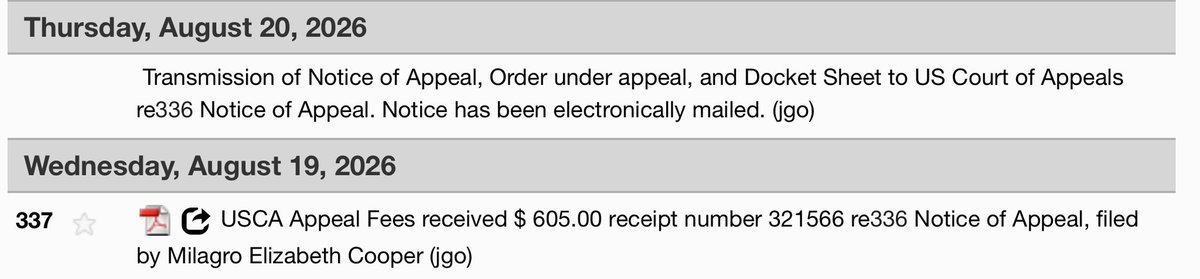 ComeWithFacts's tweet photo. 🚨 Pete v. Cooper Update:

Milagro has formally filed a Notice of Appeal from Judge Cecilia Altonaga’s paperless denial of her Rule 60(b)(6) motion raising an appearance of partiality issue under 28 U.S.C. § 455(a).

That motion argued that an objective observer could reasonably question the appearance of impartiality based on Judge Altonaga’s husband’s prominent position at Holland & Knight, a firm with longstanding ties to Roc Nation and Megan Thee Stallion related matters. Holland & Knight currently represents Desiree Perez in the Hadley litigation in the same district, previously represented Megan in litigation involving 1501, and is now representing Megan and her companies in the Emilio Garcia case.

Milagro is asking the Eleventh Circuit to review whether the district court abused its discretion in denying that Rule 60 motion.

This is separate from Milagro’s main appeal, which is already pending and challenges the original judgment, jury verdict, amended judgment and the order reinstating the defamation claim.

So she now has the underlying judgment appeal moving forward while separately seeking appellate review of the Rule 60 and § 455(a) issue. If successful, that separate appeal could potentially provide an additional avenue for relief even if she does not obtain everything she is seeking through the main appeal.