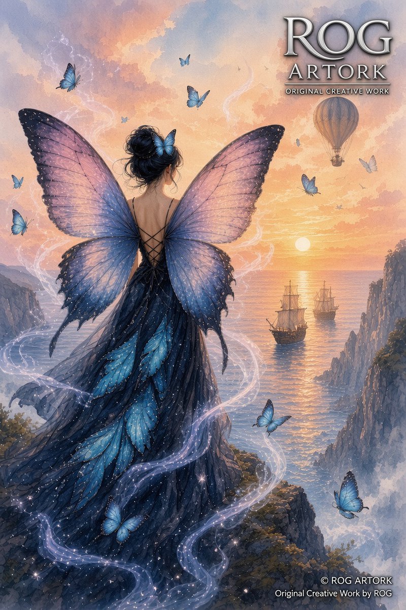 ROGArtStudio_'s tweet photo. Asas sobre o horizonte.🦋

A figura de asas de borboleta contempla a chegada das naus do Capitão Werner. O sol doura o mar e a ilha desperta.

Arte original ROG ARTORK.

#FantasyArt #AIArt #ButterflyWings #DigitalArt https://t.co/n7yENsnaLe