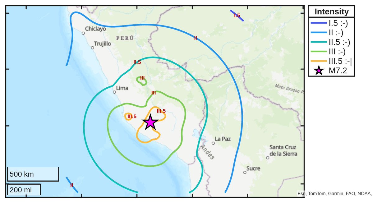 SismoDetector's tweet photo. Mapa de intensidad del #sismo M7.2 ocurrido a las 18:00:16 (UTC) con epicentro a 35 km de #Coracora, Perú. Descarga la app Sismo Detector desde https://t.co/jS9crK4Riw para recibir alertas en tiempo real en tu smartphone https://t.co/3xOJVJsIaM