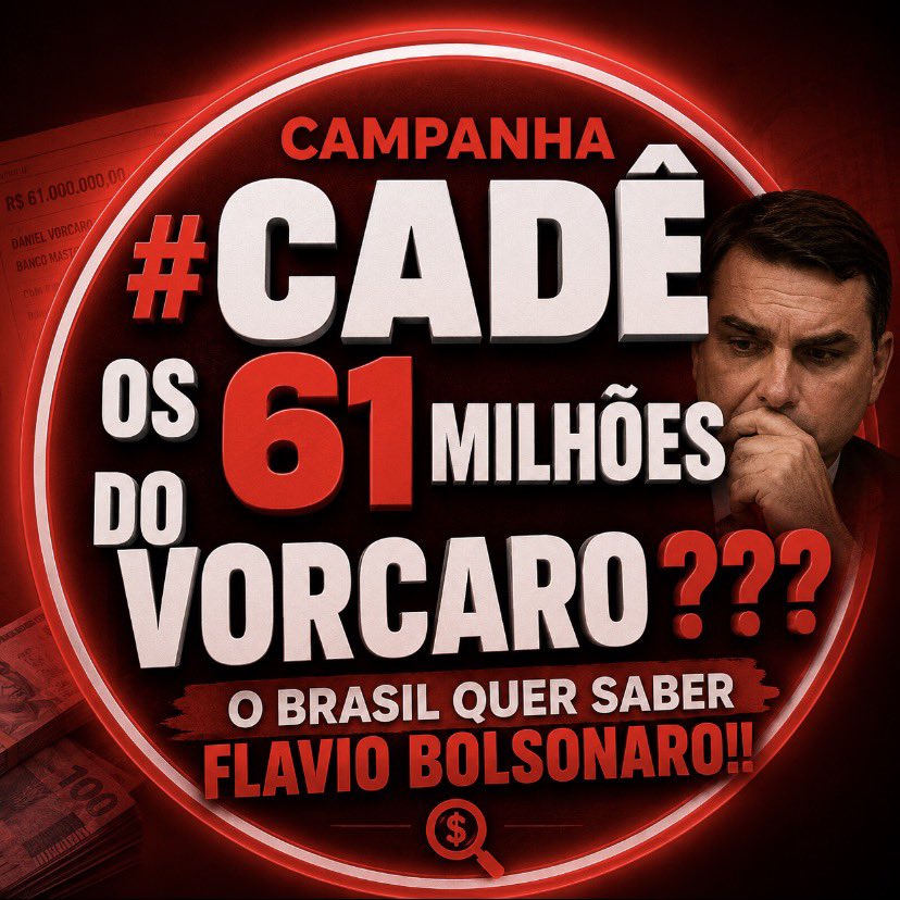 _dilmadebochada's tweet photo. Estamos lançando a campanha 

O Brasil quer saber 

CADÊ OS 61 MILHÕES DO VORCARO?

INVESTIGUEM FLÁVIO BOLSONARO
FARSAJATO NUNCA MAIS https://t.co/L8PvWRbZgH
