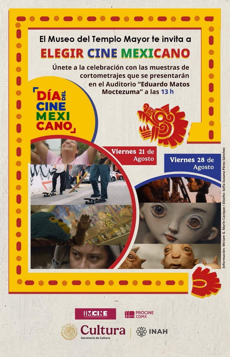 MusTemploMayor's tweet photo. 🎬Durante dos viernes tendremos para ti una muestra de cortometrajes mexicanos, gracias a la colaboración con @procine_oficial @imcine 
📅Viernes 21 y viernes 28 de agosto
🕐A las 13 h https://t.co/SYyyf7rBZ2