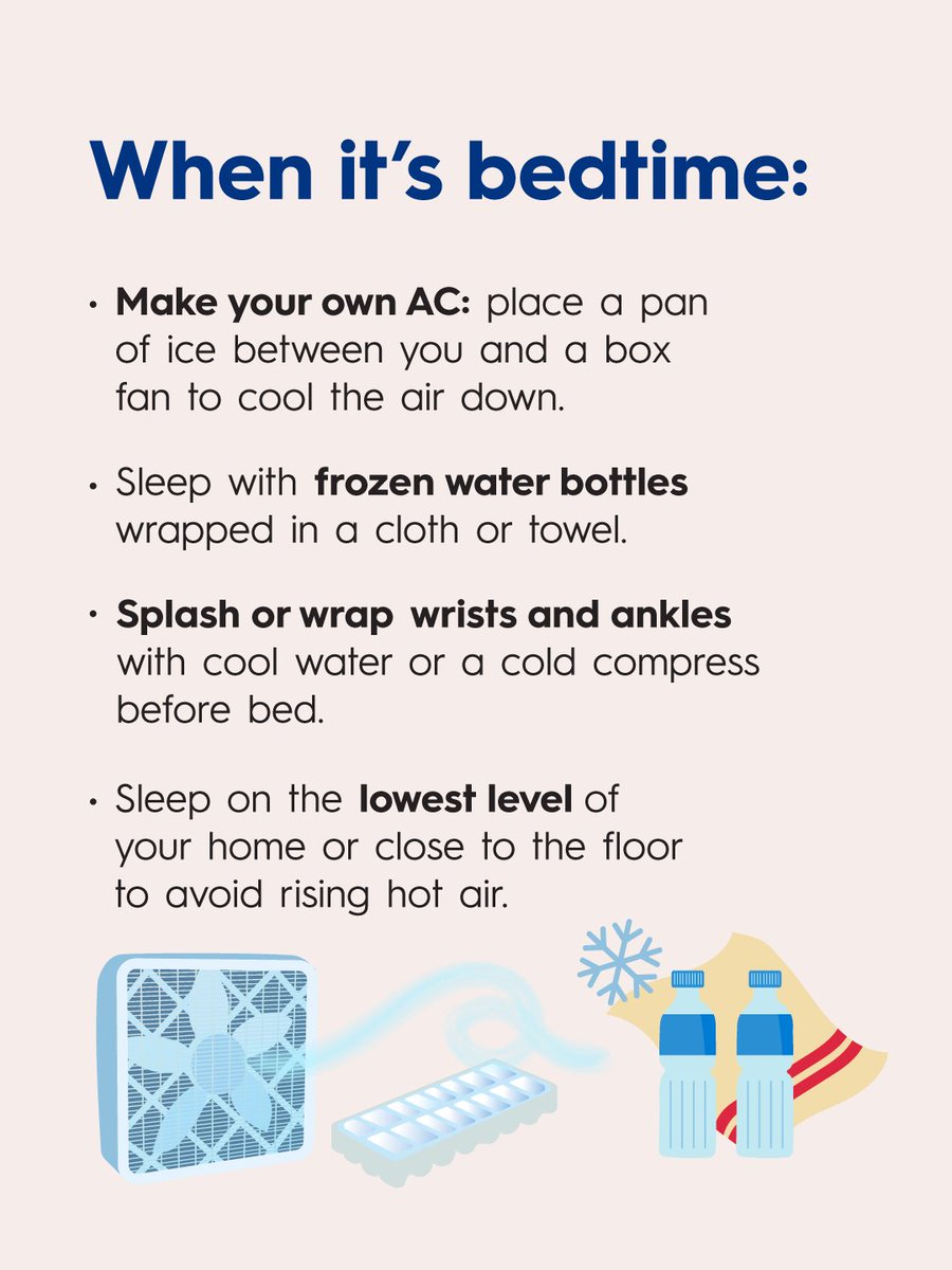 lapublichealth's tweet photo. Heat waves are dangerous and exhausting, especially when it’s too hot to sleep well at night. Your body needs to cool down and rest at night. Here are some things you can do to cool your home and improve your sleep quality. Learn more at https://t.co/VUVQKh1MVU https://t.co/Im3TdsGuhJ