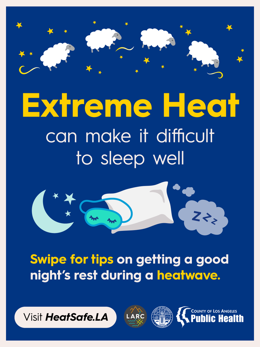 lapublichealth's tweet photo. Heat waves are dangerous and exhausting, especially when it’s too hot to sleep well at night. Your body needs to cool down and rest at night. Here are some things you can do to cool your home and improve your sleep quality. Learn more at https://t.co/VUVQKh1MVU https://t.co/Im3TdsGuhJ