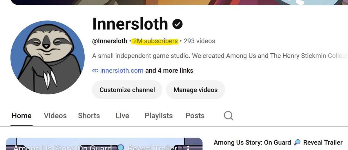 Innersloth YouTube channel with 2M subscribers highlighted.