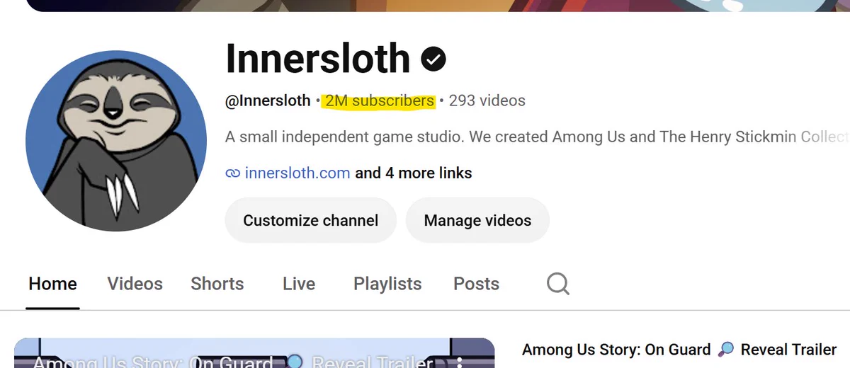 Innersloth YouTube channel with 2M subscribers highlighted.