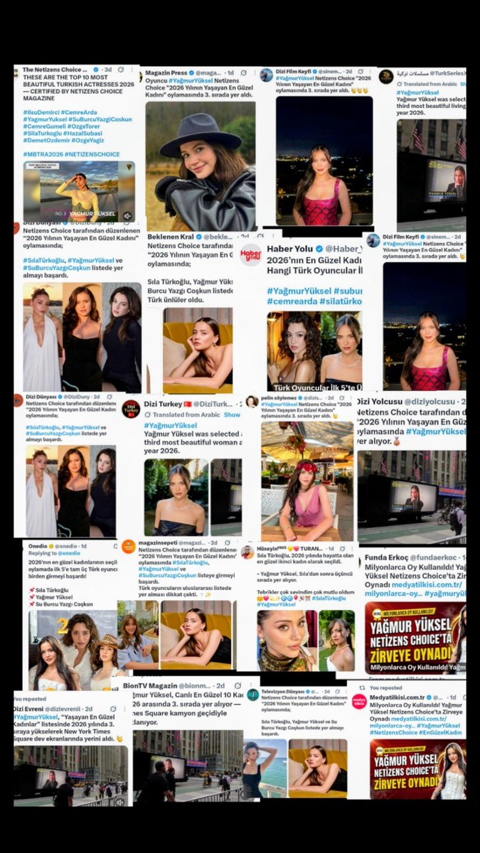 Yagmurspark's tweet photo. Countless headlines, and one name shining everywhere! ✨🤍YağmurYüksel’s Netizens Choice success has been embraced by Turkish media, magazines, entertainment pages, and digital platforms. From news features to Times Square screens, her achievement is making its mark.
Seeing her name celebrated like this is such an emotional and proud moment for every YYFC member. 🤍 She earned this recognition, and the world is taking notice. Congratulations, Yağmur! 👏🏻✨ #YağmurYüksel #NetizensChoice