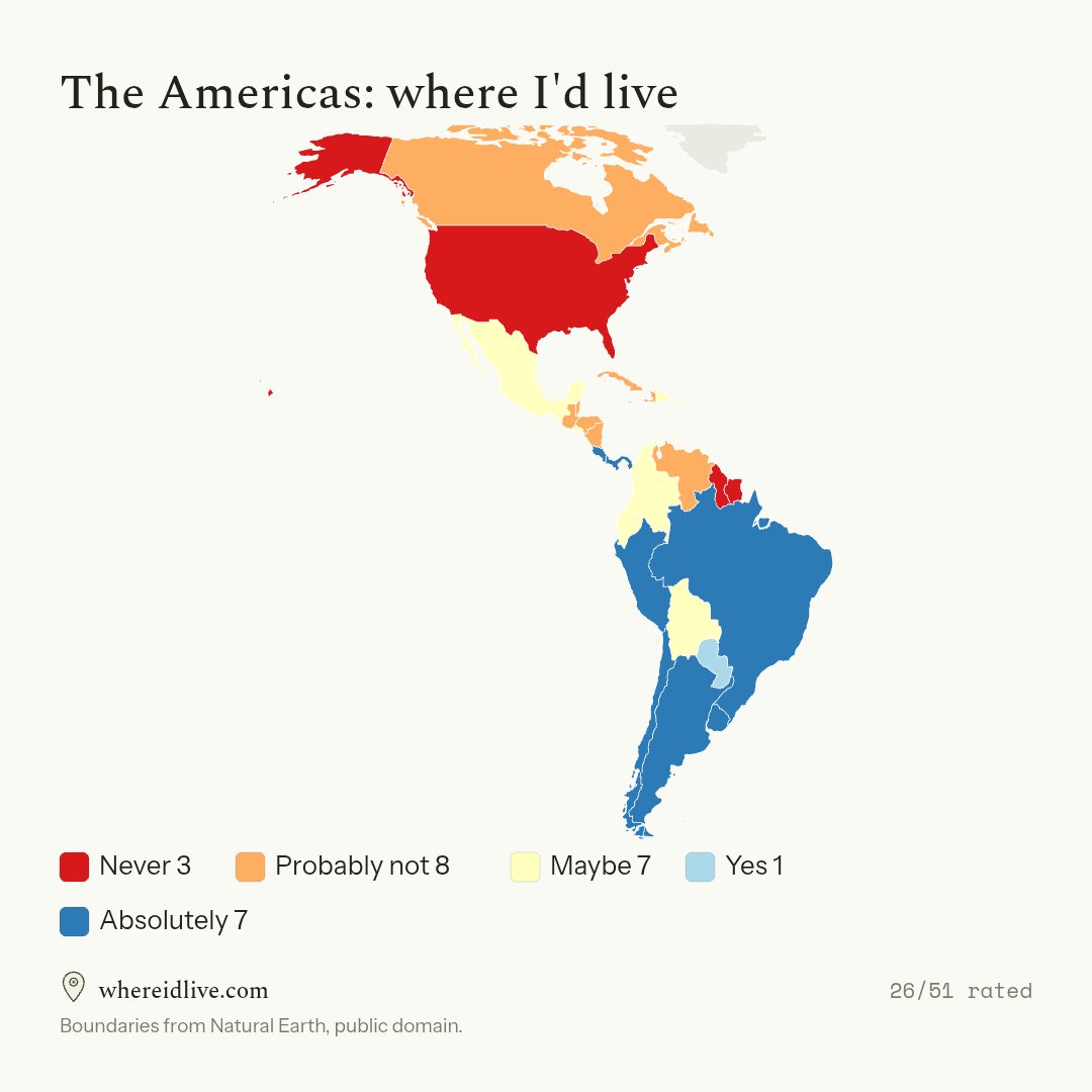 babynucifera's tweet photo. Creo que toda latinoamerica en general me parece lo suficientemente habitable, esto tomando en cuenta la situación actual de cada país, no? Por ahi desconozco algo... 

 El rojo es exclusivo de las guyanas y USA. https://t.co/a0CoPnL492