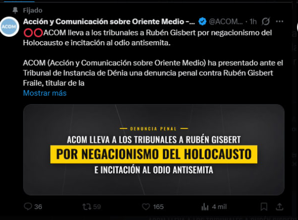 Nostra_TV's tweet photo. #Acom denuncia a @gisbert_ruben
por negacionismo del holocausto e incitación al odio antisemita. https://t.co/Dx0AoCjuUR