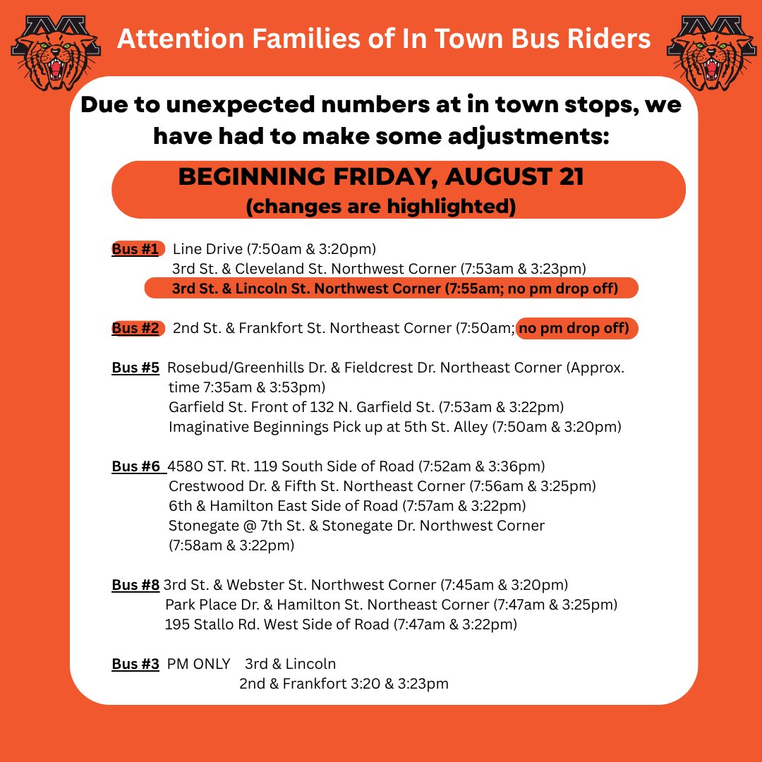 MinsterSchools's tweet photo. 🚨In Town Bus Changes.🚨These will changes will go into effect tomorrow, Friday, August 21.  Thank you for your patience and understanding as we make these adjustments! https://t.co/Qe9VP4PX6O