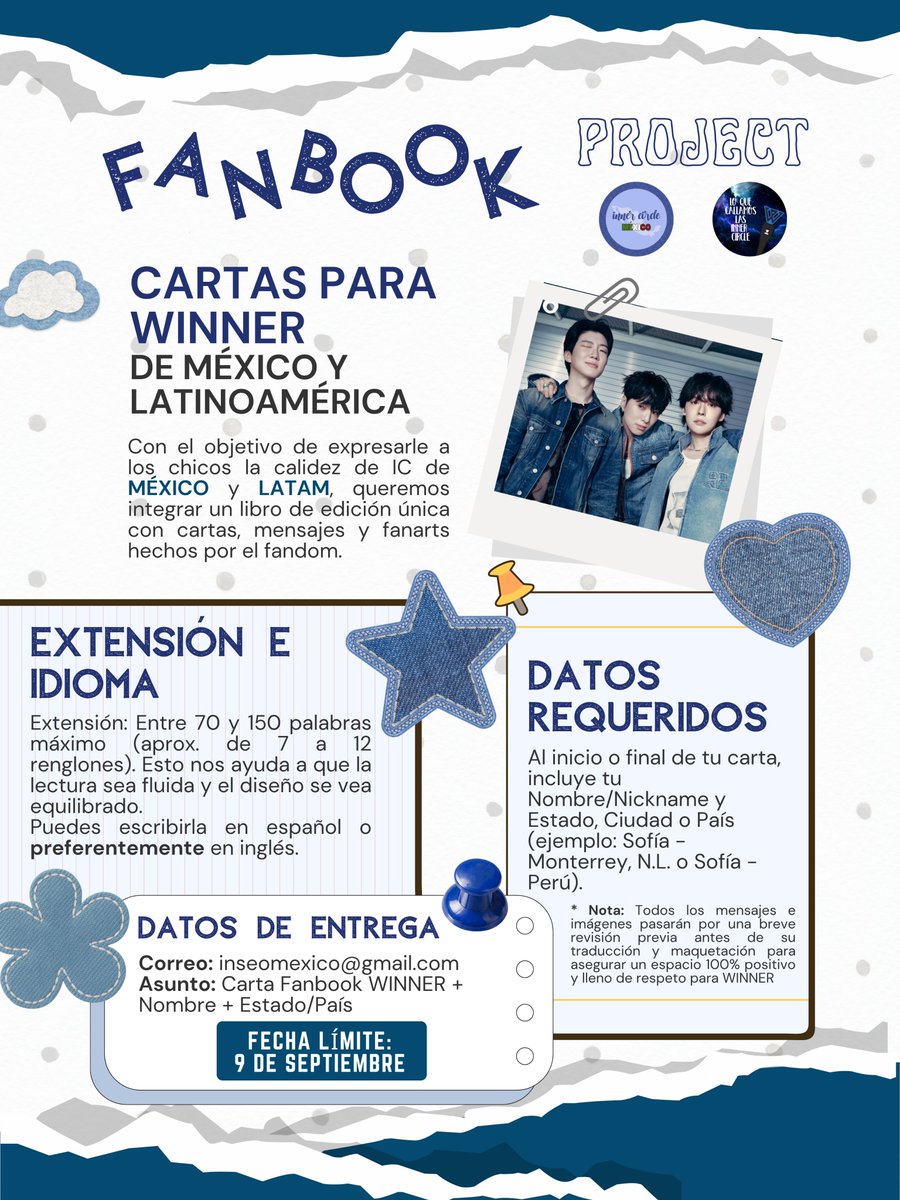 inner_circlemx's tweet photo. Fanbook para WINNER — Inner Circle de México y LATAM

¿Te gustaría hacerle llegar una carta, journal o fanart con tus mensajitos de amor y apoyo a los WINNOS? Abrimos convocatoria para nuestro Fanbook.

#WINNER #위너 #멕시코 #이너써클 https://t.co/t5CCiTnMfq