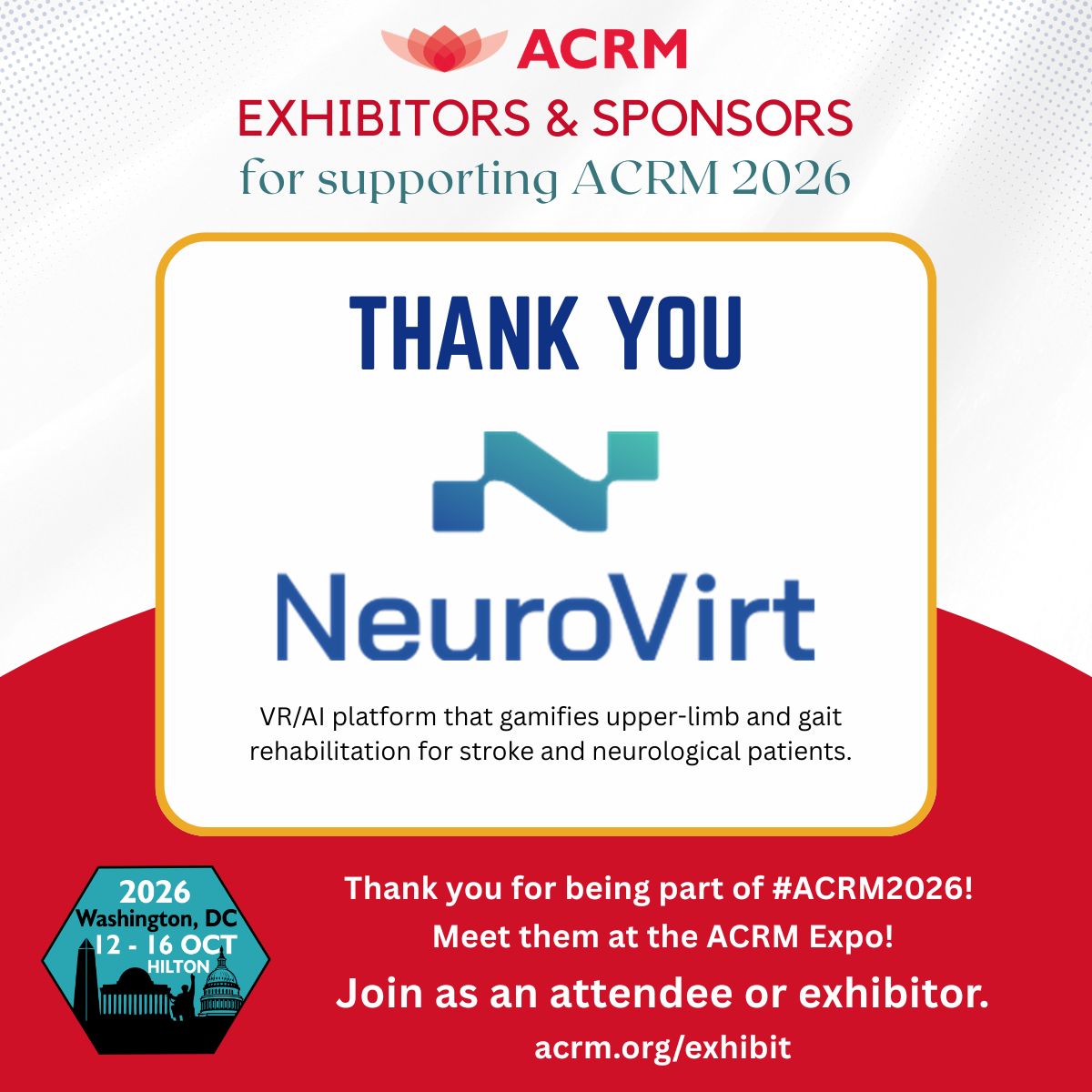 ACRMconference's tweet photo. Thank you to NeuroVirt for supporting ACRM 2026 as part of our exhibitors and sponsors community.
We appreciate your work using VR and AI to support upper-limb and gait rehabilitation for stroke and neurological patients.

Meet them at the ACRM Expo: https://t.co/3C5WDwTsAA

#ACRM2026 #ACRM #NeuroVirt #RehabilitationTechnology #StrokeRehabilitation #NeuroRehabilitation #ACRMExpo #Exhibitors #Sponsors