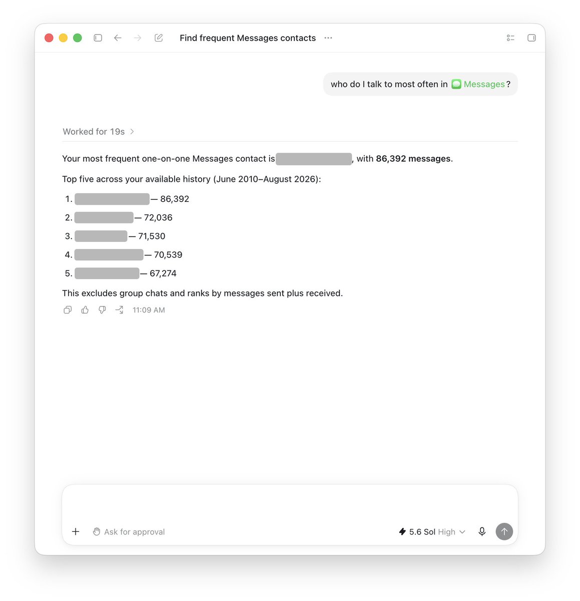 AriX's tweet photo. We've added native integration with iMessage, so ChatGPT can now send &amp; read messages for you!

It can also analyze your messages! It's really fun to get insights about who you talk to, and what you talk to people about. https://t.co/W0f6htZKvL