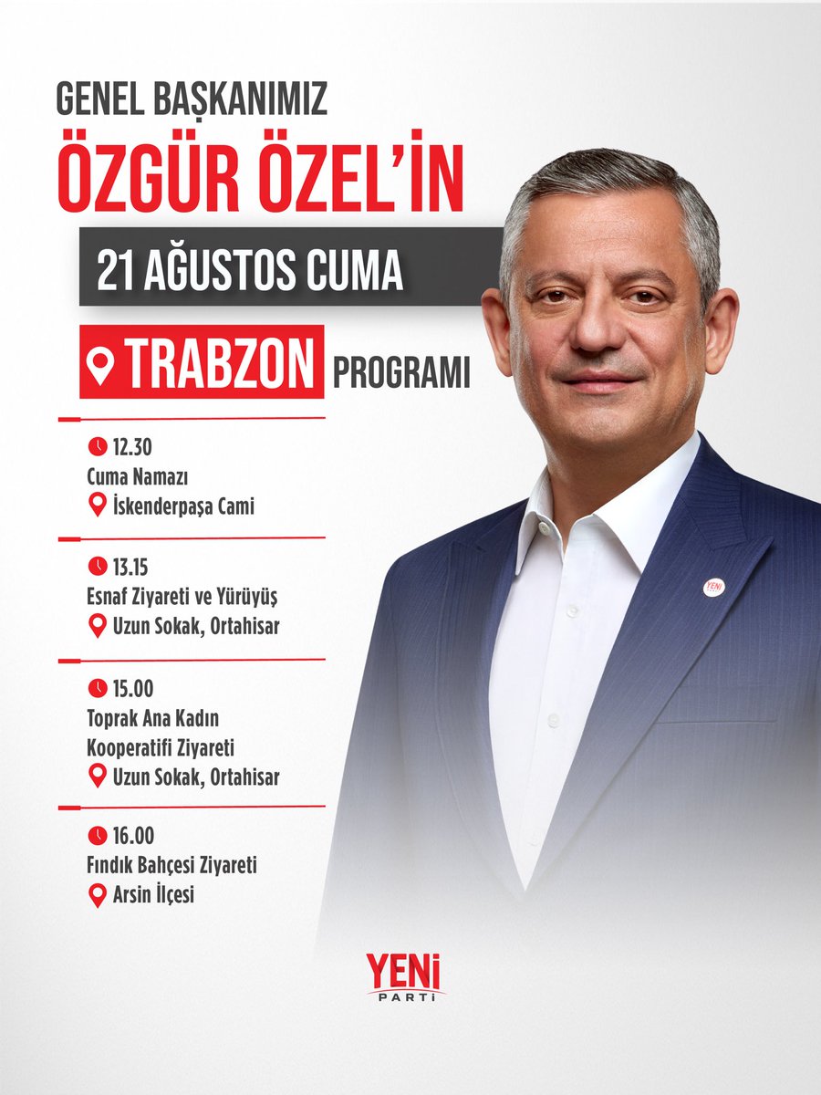 yenipartiyiz's tweet photo. Genel Başkanımız Özgür Özel, 21 Ağustos Cuma Trabzon'da! https://t.co/xZepS9K0EQ
