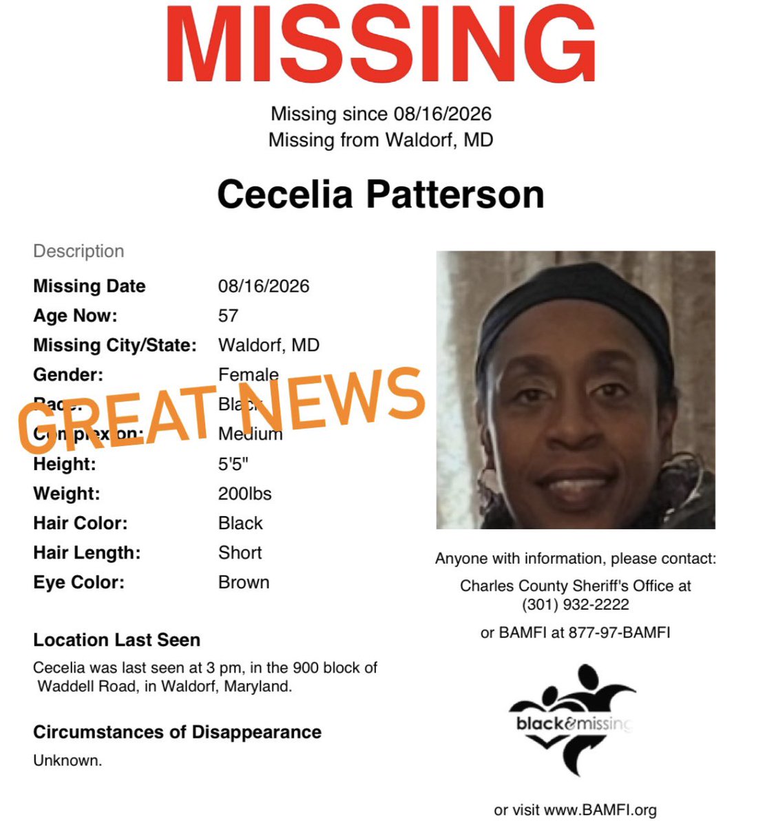 BAM_FI's tweet photo. GREAT NEWS! According to family, Cecelia has been located safe. 

Thank you all for sharing her profile. 🧡 https://t.co/w1YmltyS5e