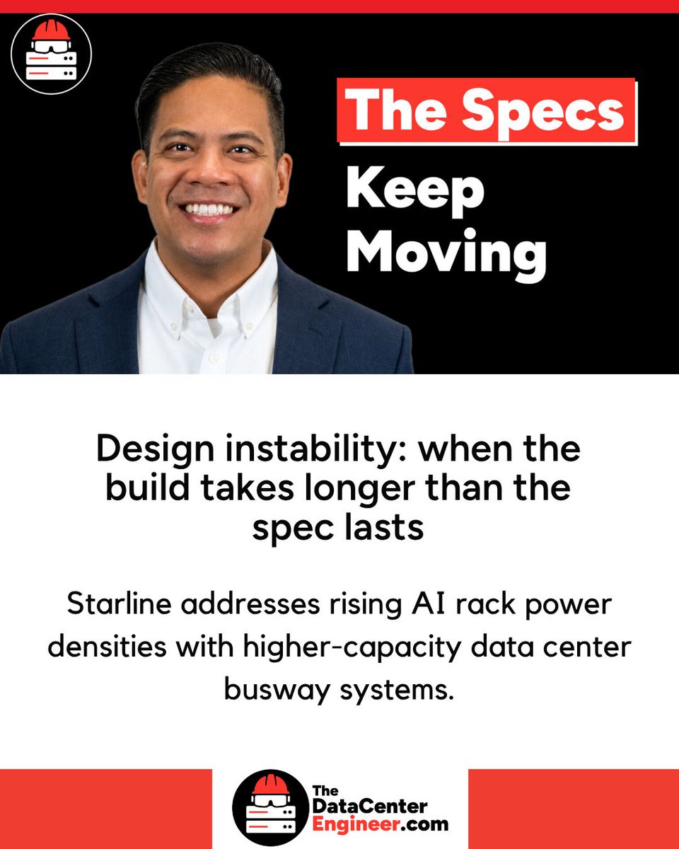 DataCenterEngnr's tweet photo. Design instability: when the build takes longer than the spec lasts. More here: https://t.co/Gm3Ba5QsSN

Five years ago Starline was powering data center racks in the 10 kW range. Today it’s speccing racks at 142 to 150 kW, and customers are already asking what 200 kW looks like next year. Over the same stretch the busway itself went from 250 to 400 A as a normal order to 1,000 and 1,200 A as a routine one.

Chris Osian works in product management at Starline, the overhead busway brand at Legrand, where he’s spent about 14 years, a little over a decade of it as an applications engineer sitting with customers and turning their specs into a power chain. His job now is to keep busway ahead of whatever the next generation of racks asks for.